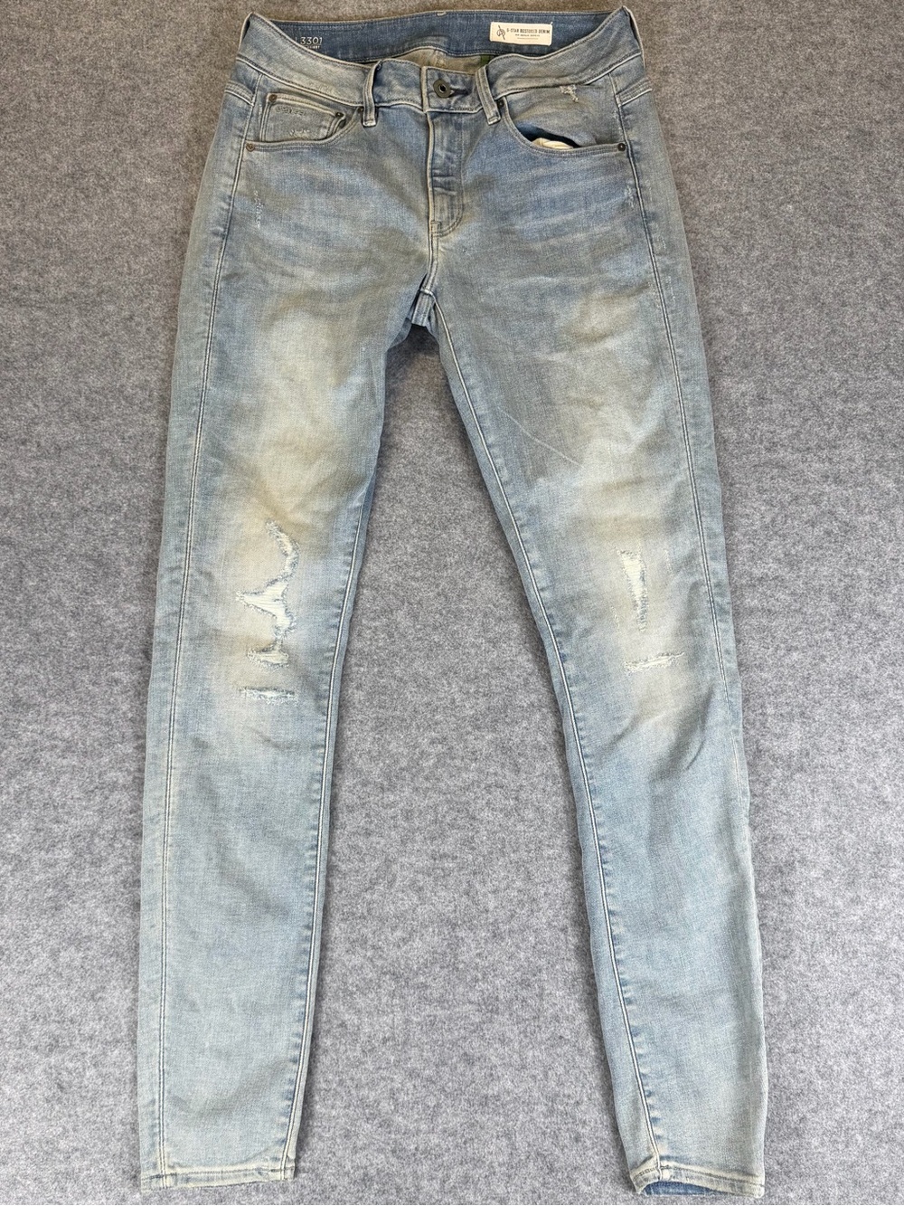 G‑Star RAW 3301 Mid Skinny Jeans Women’s 30x32 Light Wash Distressed Denim